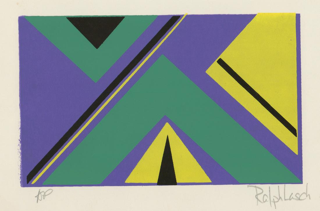 Ralph Lasch Screen Print [AP, Geometric, Abstract]: Ralph Lasch color screen print. Signed by artist in pencil lower right. Numbered 'AP' ('artist proof') in pencil lower left. Probably done in 2nd-half of 20th Century. Measures 4.5-in. x 7.5-in. image