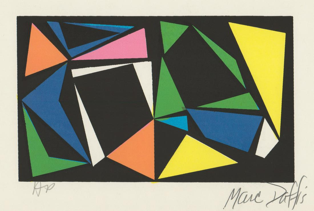 Marc Daffis Screen Print [AP, Geometric, Abstract]: Marc Daffis color screen print. Signed by artist in pencil lower right. Numbered 'AP' ('artist proof') in pencil lower left. Probably done in 2nd-half of 20th Century. Measures 4.5-in. x 7.5-in. image