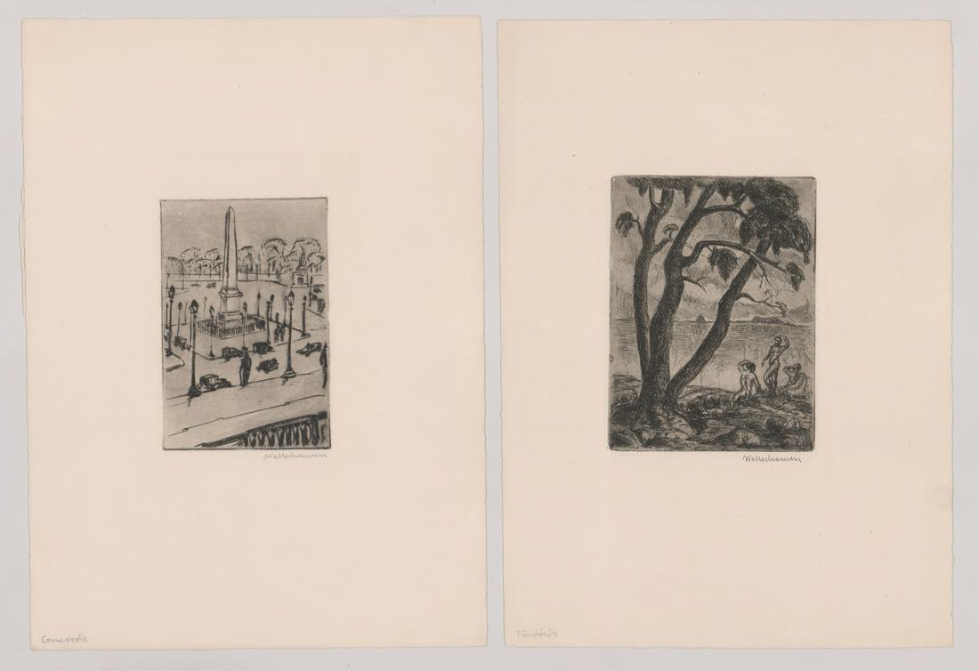 Zsigmond Walleshausen Etching [Landscapes]: Two (2) Zsigmond Walleshausen (b. 1887) etchings. Both signed by artist in pencil lower right. Both with indiscernible writing lower left of sheet. Both measure 14.5-in. x 10.5-in. sheet size. Both in