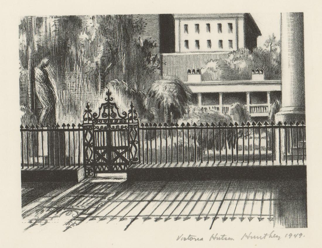 Victoria Hutson Huntley [New York, WPA Artist]: Victoria Hutson Huntley (New York, Connecticut 1900 - 1971) lithograph. Signed and dated (1949) by artist in pencil lower right. 'Charleston #1' in pencil lower left of sheet. Measures 4.75-in. x 6.37