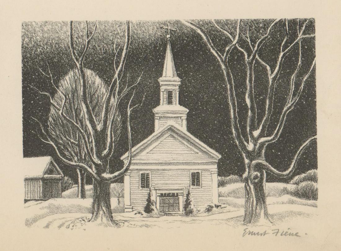 Ernest Fiene Lithograph [AAA, WPA, Church in Snow]: Ernest Fiene (New York, Germany 1894 - 1965) lithograph. Signed by artist in pencil lower right. Titled 'Colonial Church' in pencil lower left. Measures 3.75-in. x 5-in image size, 7.25-in. x 8.75-in.