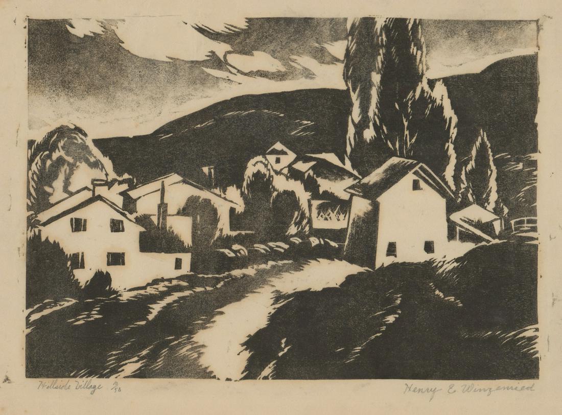 Henry E. Winzenried Woodcut [WPA, Village]: Henry E. Winzenried (American 1892 - 1981) woodcut. Signed by artist in pencil lower right. Title 'Hillside Village' in pencil lower left. Numbered '10/50' lower left following title. Measures 7.25-in
