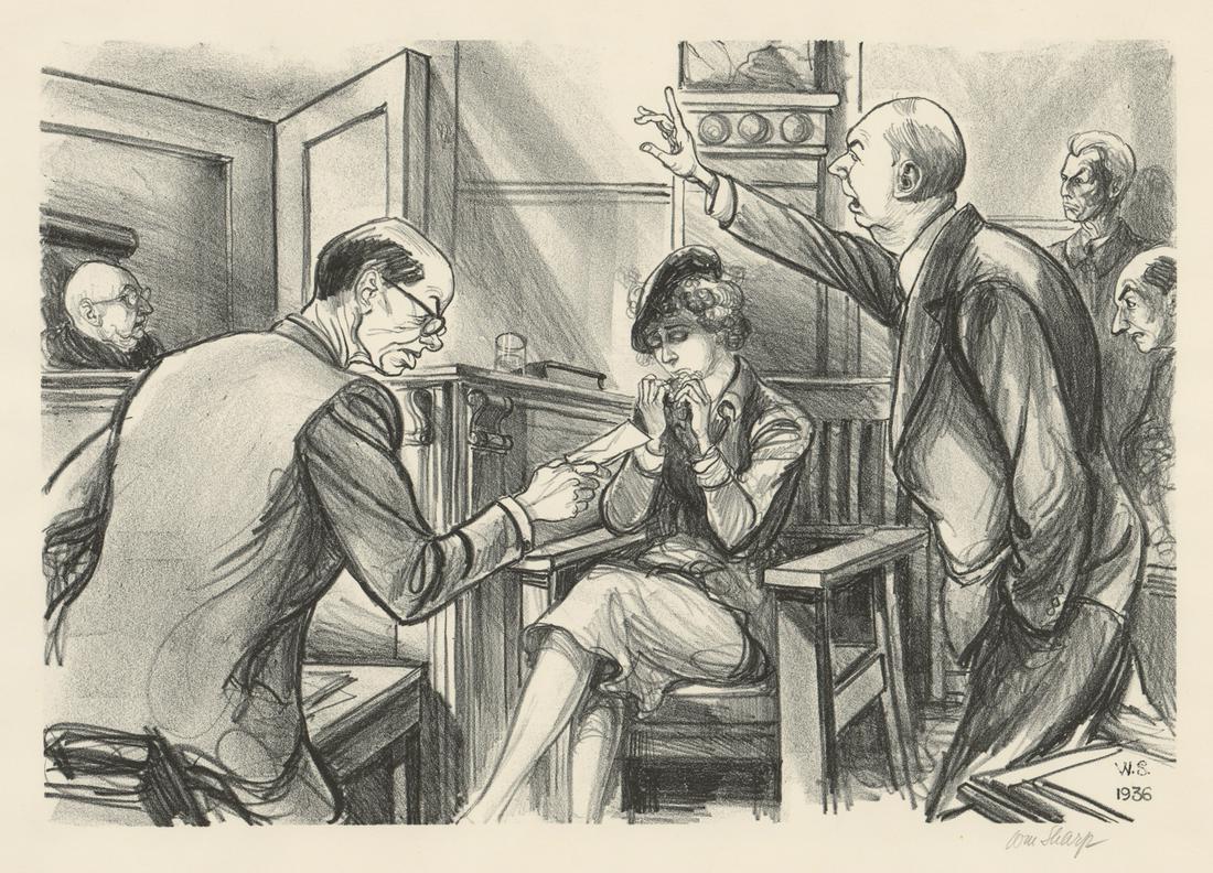 William Sharp Lithograph [AAA, Courtroom Scene]: William Sharp (New York, Austria 1900 - 1961) lithograph. Signed 'Wm Sharp' in pencil lower right. Artist initials and date 'W.S. 1936' in plate lower right. Title 'Vera Stretz Trial' in pencil lower 