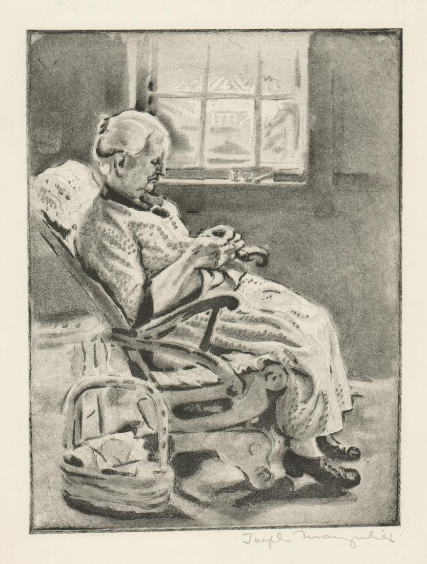 Joseph Margulies Aquatint [AAA, WPA, Woman Sewing]: Joseph Margulies (New York 1896 - 1984) aquatint. Signed by artist in pencil lower right. Title 'New England Granny' in pencil lower left of sheet. Measures 10-in. x 7.375-in. image size, 16-in. x 11.