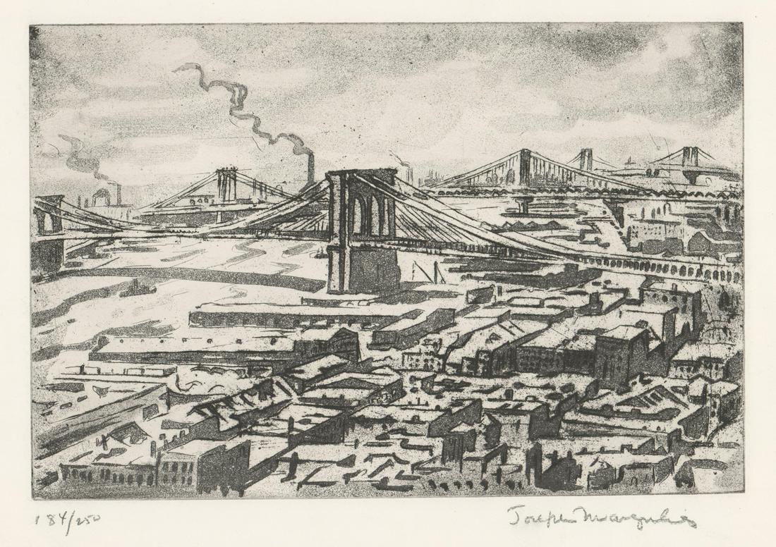 Joseph Margulies Aquatint [AAA, WPA, NYC]: Joseph Margulies (New York 1896 - 1984) aquatint. Signed by artist in pencil lower right. Numbered '184/250' in pencil lower left. Title 'Three Bridges-East River' in pencil lower left of sheet. Measu