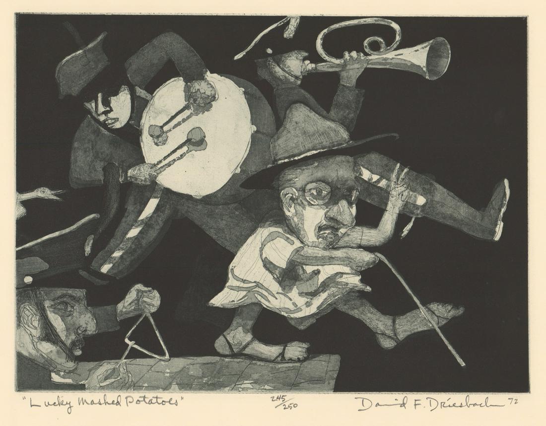David Fraiser Driesbach Aquatint [AAA, Band Music]: David Fraiser Driesbach (Illinois, Wisconsin b. 1922) aquatint. Signed and dated 'David F. Driesbach 72' in pencil lower right. Title 'Lucky Mashed Potatoes' in pencil lower left. Number '245/250' in 