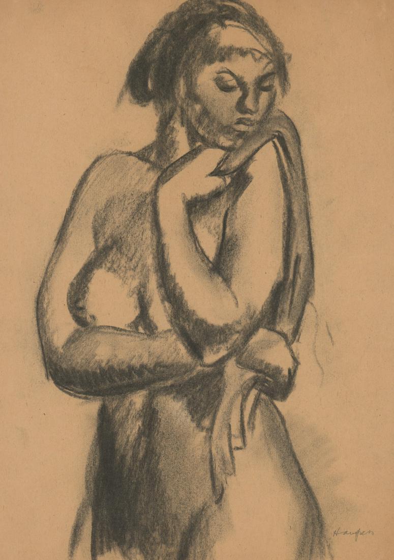 Clement B. Haupers Crayon Drawing [Female Nude]: Clement Bernard Haupers (Minnesota 1900 - 1982) crayon drawing. Signed by artist in pencil lower right. Measures 14-in. x 10-in. sheet size. Image in VG/EX condition. Unframed, loose and not mounted o