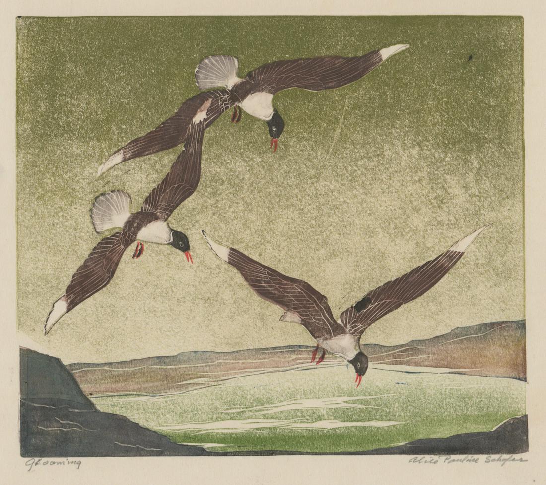 Alice Pauline Schafer Linocut [Birds in Flight]: Alice Pauline Schafer (New York 1899 - 1980) color linocut. Signed by artist in pencil lower right. Title 'Gloaming' in pencil lower left. Measures 9-in. x 10.375-in. image size, 11.25-in. x 13.125-in
