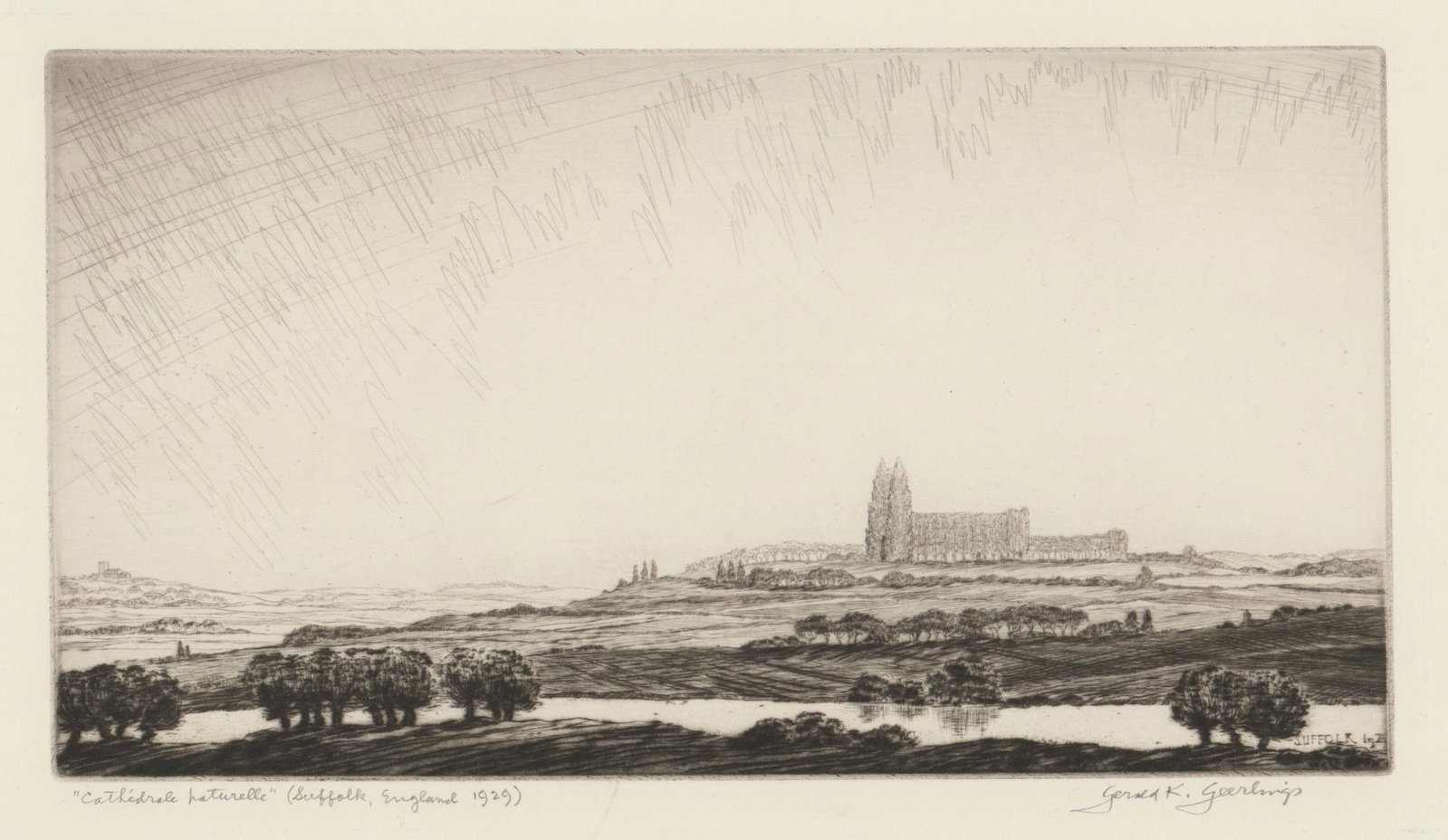Gerald K. Geerlings [Nature, Suffolk, England]: Gerald Kenneth Geerlings (Connecticut, Wisconsin 1897 - 1998) etching. Signed by artist in pencil lower right. Title 'Cathedrale Naturelle (Suffolk, England 1929)' in pencil lower left. 'Suffolk' in p