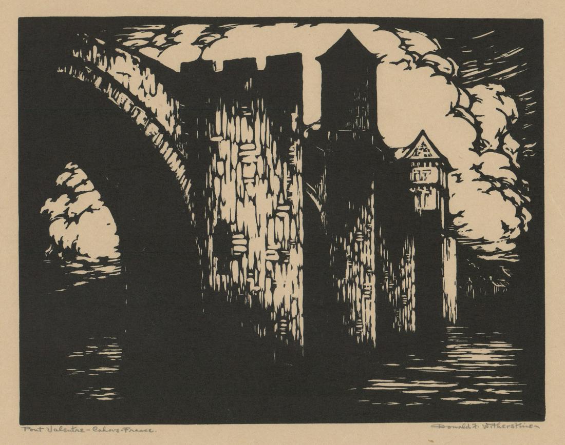 Donald F. Witherstine Woodcut [AAA, Bridge, France]: Donald Frederick Witherstine (Massachusetts 1895 - 1961) woodcut. Signed by artist in pencil lower right. Title 'Pont Valentre-Cahors, France' in pencil lower left. Measures 8.25-in. x 10.625-in. imag