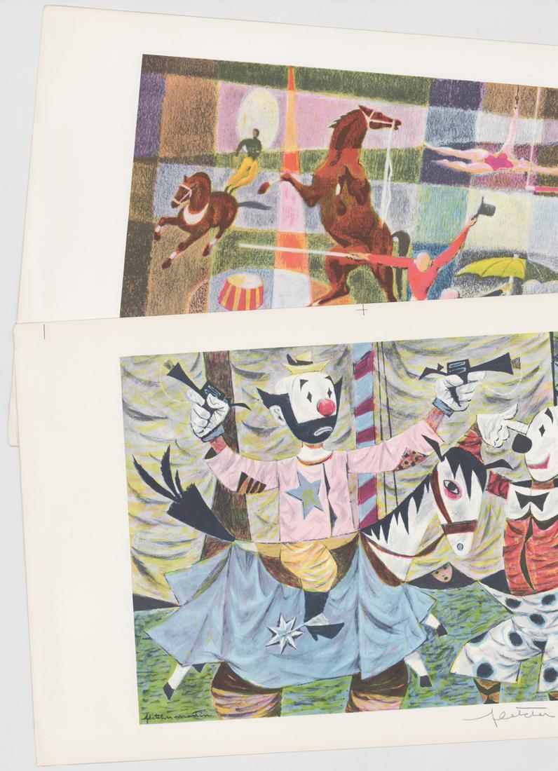 Scheiber/Martin Paintographs [AAA, Circus]: Two (2) color paintographs 1) Georges Schreiber (New York, Belgium 1904 - 1977). Signed by artist in pencil lower right. Measures 11.25-in. x 16-in. image size, 14.25-in. x 22.75-in. sheet size. In G+