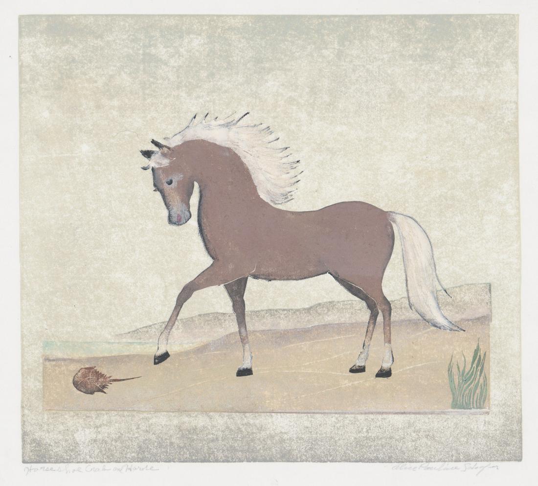 Alice P. Schafer Linocut [Horse, Horseshoe Crab]: Alice Pauline Schafer (New York 1899 - 1980) color linocut. Signed by artist in pencil lower right. Title 'Horseshoe Crab and Horse' in pencil lower left. Measures 11-in. x 12.25-in. image size, 14-in
