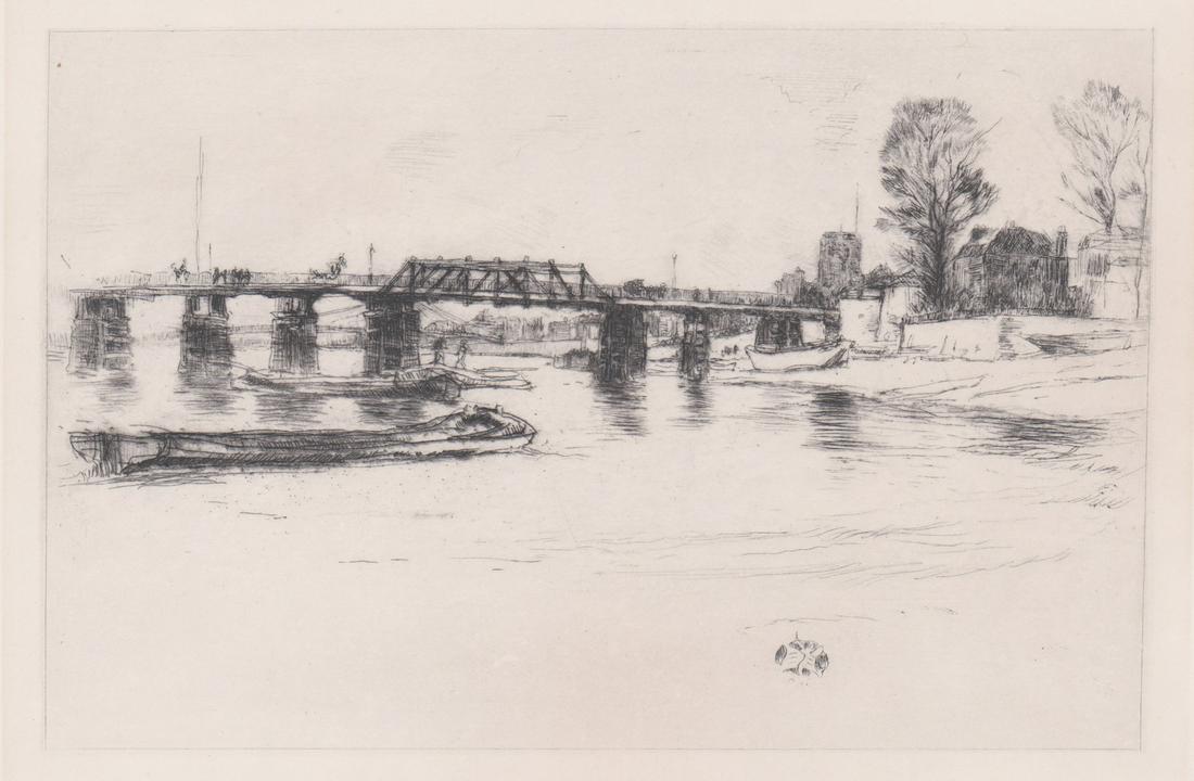 James Whistler Etching [Chelsea]: James Abbott McNeill Whistler (Massachusetts, England, France 1834 - 1903) etching, drawn and etched by Whistler. Signed in the water with his signature 'Butterfly' lower right. Measures 5.5-in. x 7.8