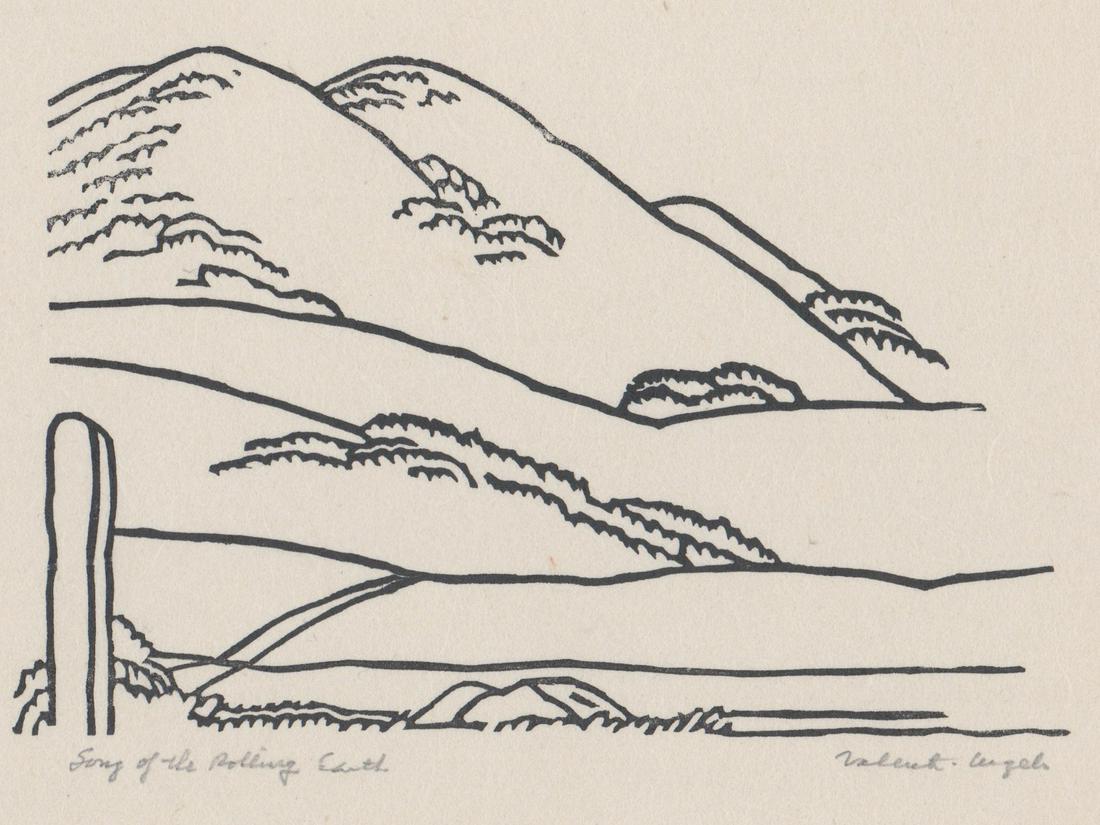 Valenti Angelo Linocut [Whitman, Leaves of Grass]: Valenti Michael Angelo (California, New York 1897 - 1982) linocut. Signed by the artist in pencil lower right. Title 'Song of the Rolling Earth' in pencil lower left. Measures 4-in. x 6.5-in. image si
