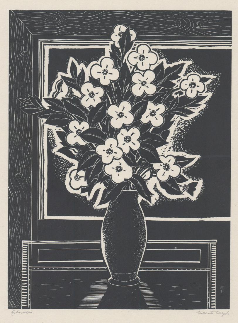 Valenti Angelo Linocut [Botanical, Still Life]: Valenti Michael Angelo (California, New York 1897 - 1982) linocut. Signed by the artist in pencil lower right. Title 'Flowers' in pencil lower left. Measures 13-in. x 9.75-in. image size, 15.5-in. x 1