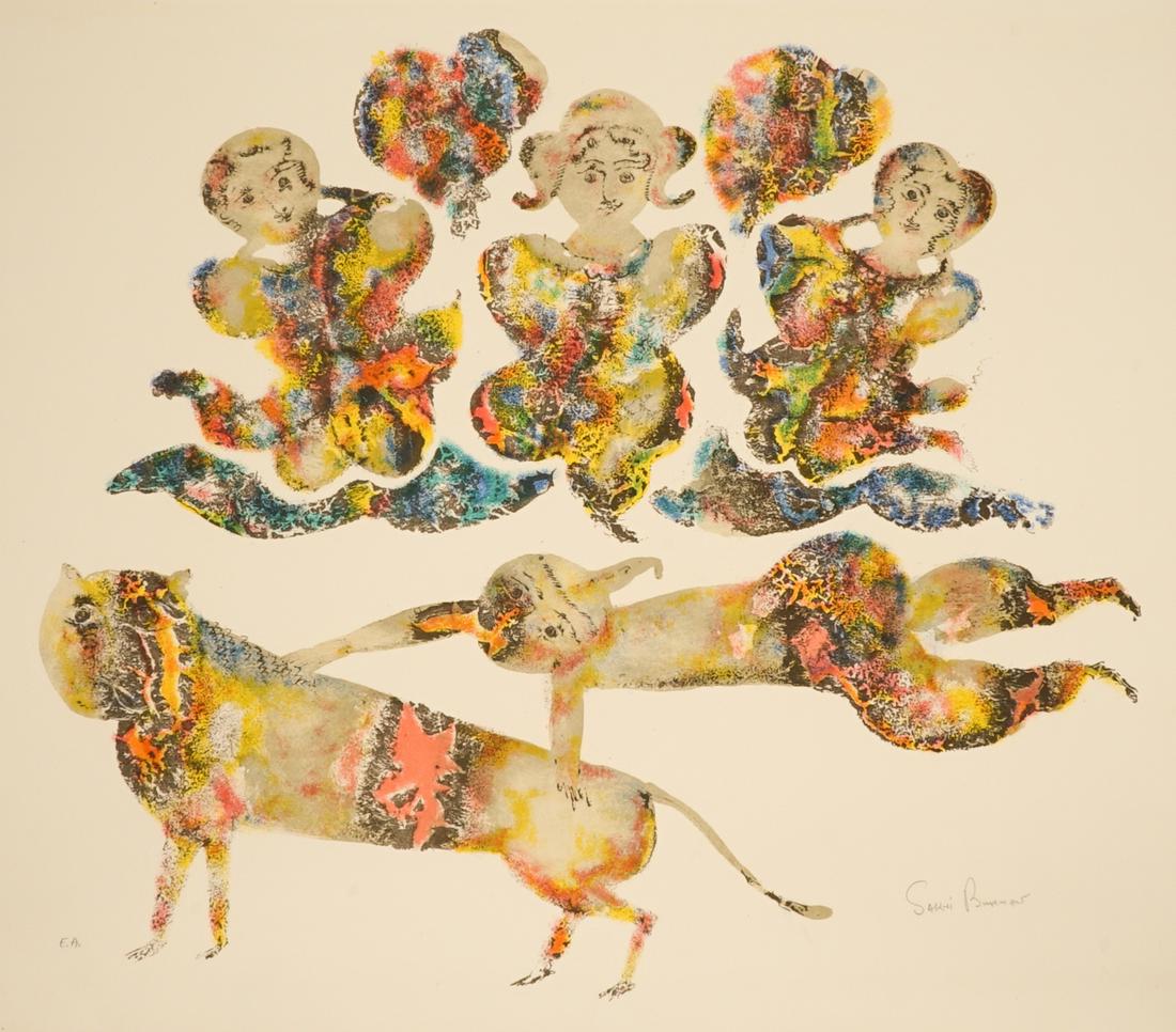 Sakti Burman Lithograph [EA, Modernist, Animals]: Sakti Burman (France, India b. 1935) lithograph. Signed by artist in pencil lower right. Numbered 'EA' (Epreuve d'artiste: Artist Proof) in pencil lower left. Measures 17.5-in. x 20-in. image size, 19