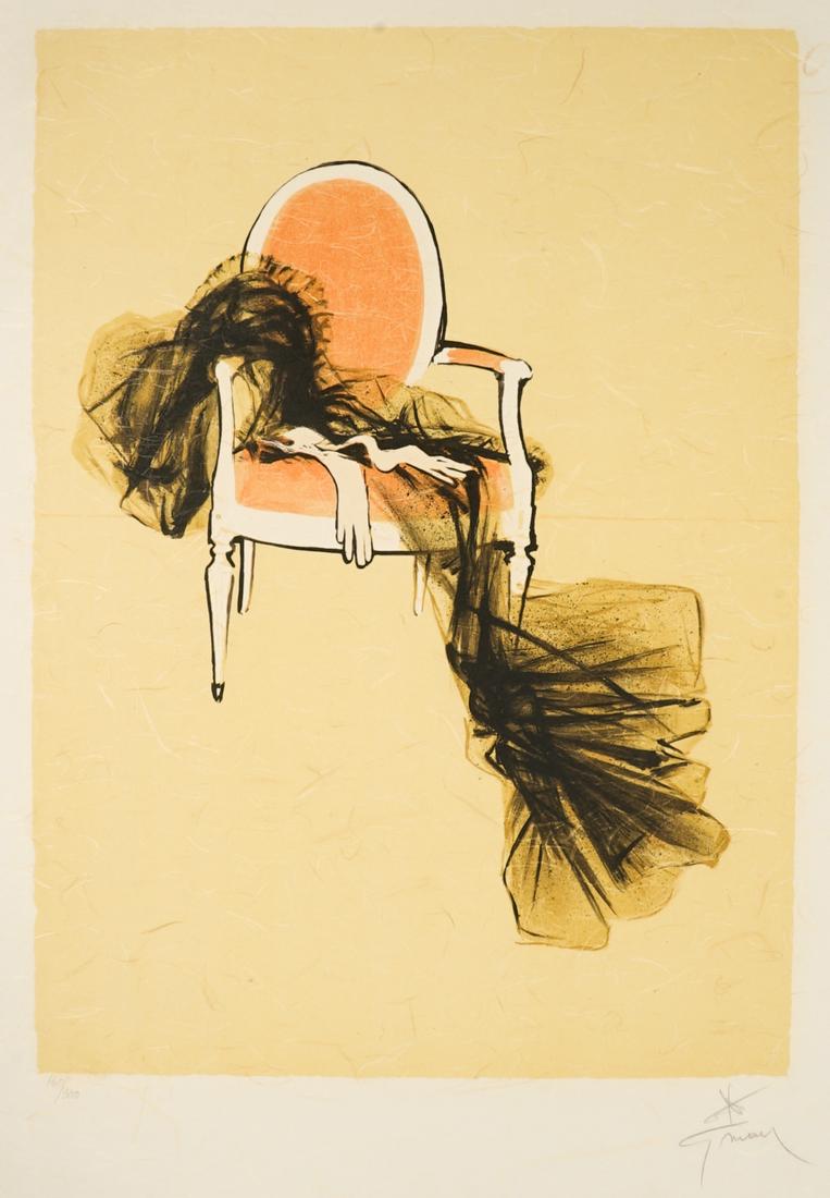 Rene Gruau Lithograph [Gloves and Scarf on Chair]: Rene Gruau (New York, France, Italy 1909 - 2004) lithograph. Signed by artist in pencil lower right. Numbered '160/300' in pencil lower left. Measures 20.5-in. x 15-in. image size, 26.75-in. x 20-in. 