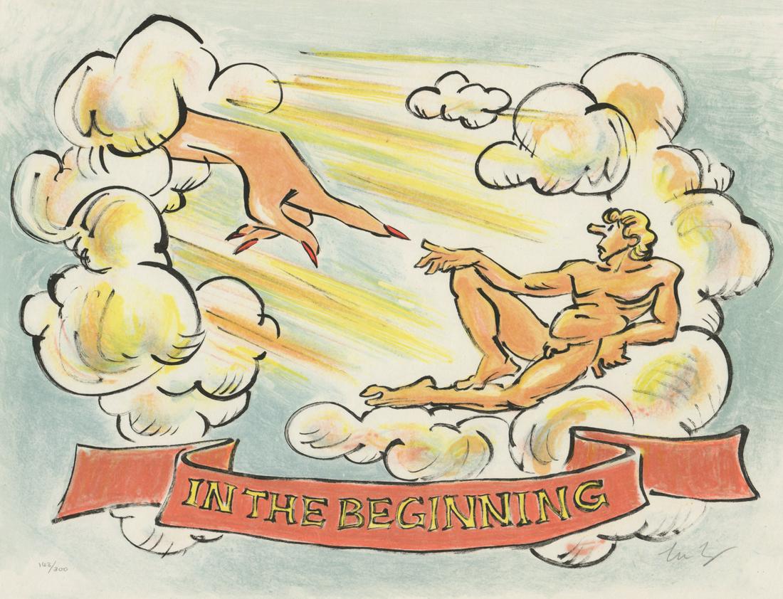 Sandro Chia Lithograph [Religious Humor]: Sandro Chia (New York, Italy b. 1946) lithograph in colors. Signed by artist in pencil lower right. Numbered '163/300' in pencil lower left. Title 'In the Beginning' in print as part of image. Measure