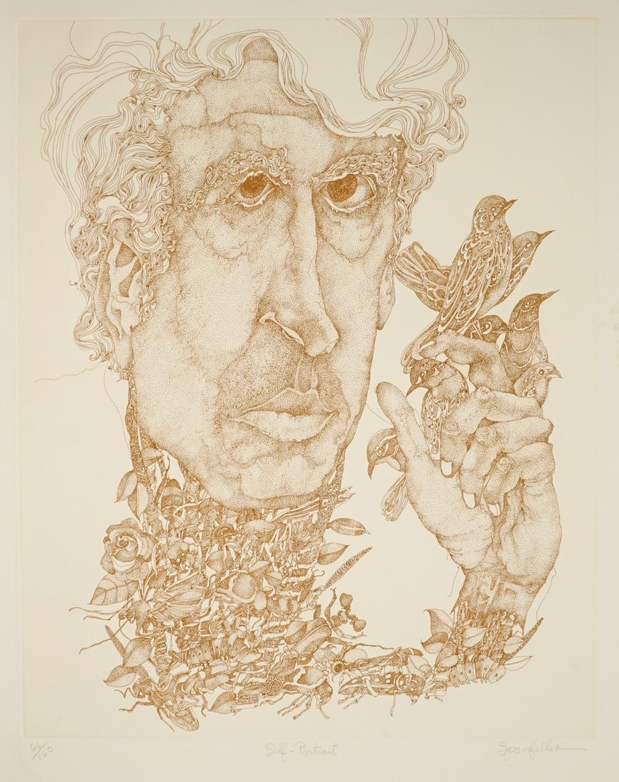 James J. Spanfeller Lithograph [Portrait]: James J. Spanfeller (Pennsylvania b. 1930) lithograph. Signed by artist in pencil lower right. Numbered '66/160' in pencil lower left. Title 'Self-Portrait' in pencil lower center. Measures 21.75-in.