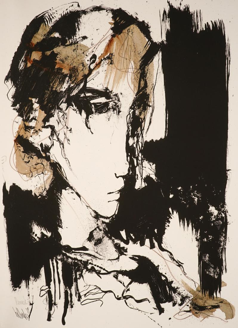 Gino Hollander Lithograph [Portrait, Abstract]: Gino Hollander (California, Colorado, Spain 1924 - 2015) lithograph. Signed and dated ('79) lower left. Title 'Remark' in pencil lower left. Measures 29.25-in. x 20.25-in. image size, 30.75-in. x 22.7