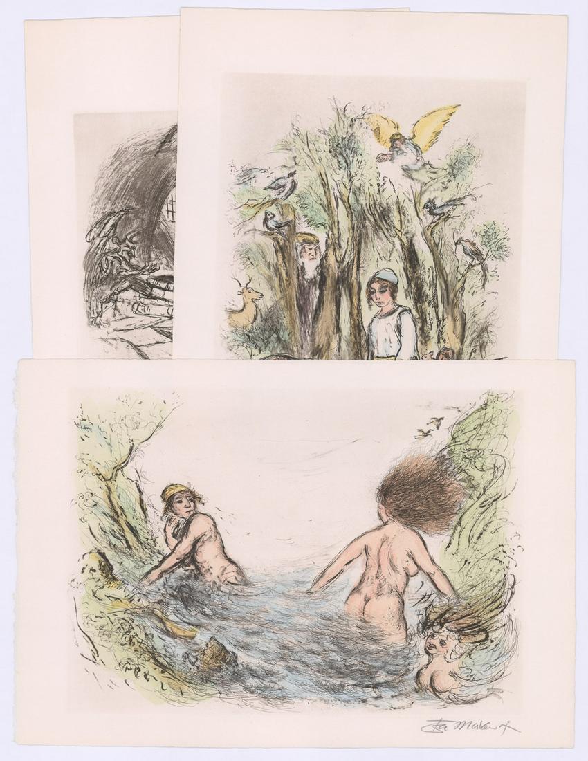 Ira Moskowitz Signed Etchings [Religious]: Three Ira Moskowitz (New York, Poland 1912 - 2001) signed etchings, 2 color. All signed 'Ira Moskowitz' in pencil lower right. Etchings featured in Isaac Bashevis Singer's book, 'Reaches of Heaven', i