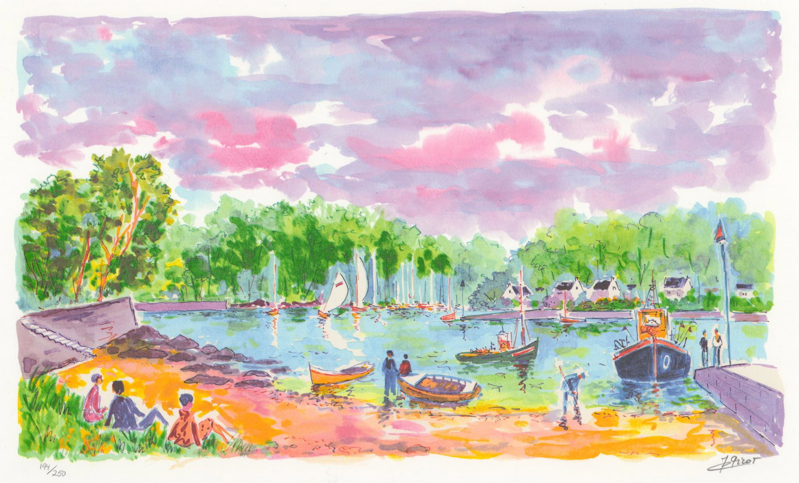 Jean-Claude Picot Serigraph [Boats]: Jean-Claude Picot (France b. 1933) serigraph. Signed by artist in pencil lower right. Numbered '194/250' in pencil lower left. Measures 10.25-in. x 17.5-in. image size, 12.25-in. x 19.75-in. sheet siz