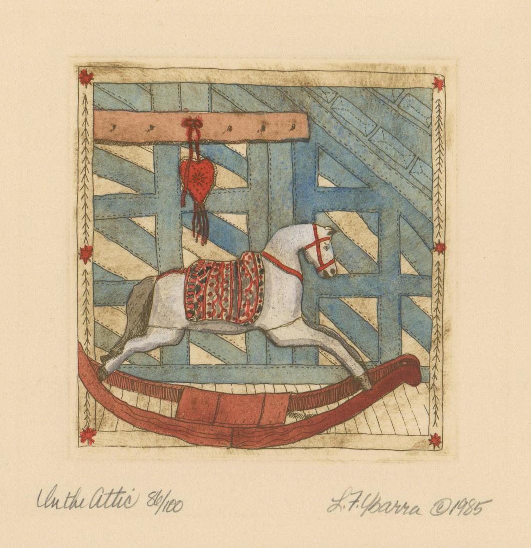 Linda Felix Ybarra Etching [Rocking Horse]: Linda Felix Ybarra (California) hand colored etching. Signed and dated (1985) by artist in pencil lower right. Title and number ('In the Attic 86/100') in pencil lower left. Comes with a Certificate o