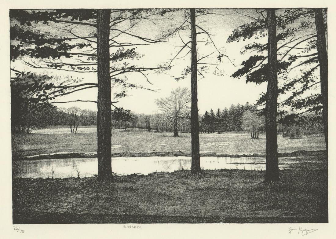James Koopman Lithograph [Forest, Lonely]: James Koopman lithograph. Signed by artist in pencil lower right. Numbered '75/75' in pencil lower left. Title 'Einsam' (German for Lonely) in pencil lower center. In VG/EX condition. Measures 9-in. x