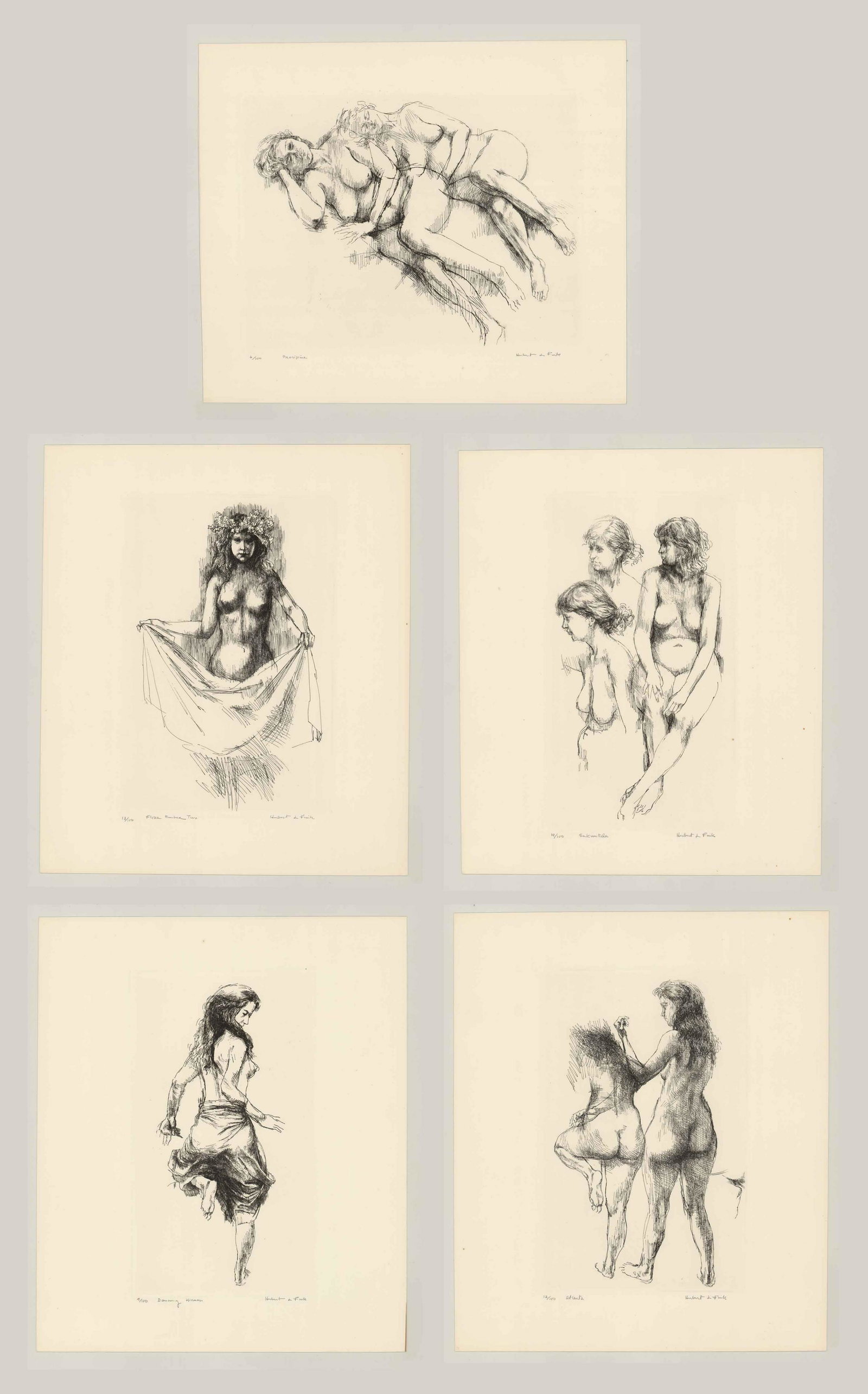 Herbert Lewis Fink Etchings [Nudes]: Five (5) Herbert Lewis Fink (Maine, Massachusetts 1921 - 2006) etchings. All signed by artist in pencil lower right. All numbered and titled in pencil lower left ('9/100 Dancing Woman,' '13/100 Flora 