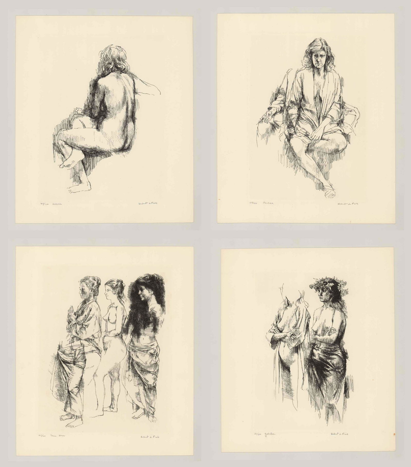 Herbert Lewis Fink Etchings [Nudes]: Four (4) Herbert Lewis Fink (Maine, Massachusetts 1921 - 2006) etchings. All signed by artist in pencil lower right. All numbered and titled in pencil lower left ('21/100 Galatea,' '20/100 Aurora,' '2