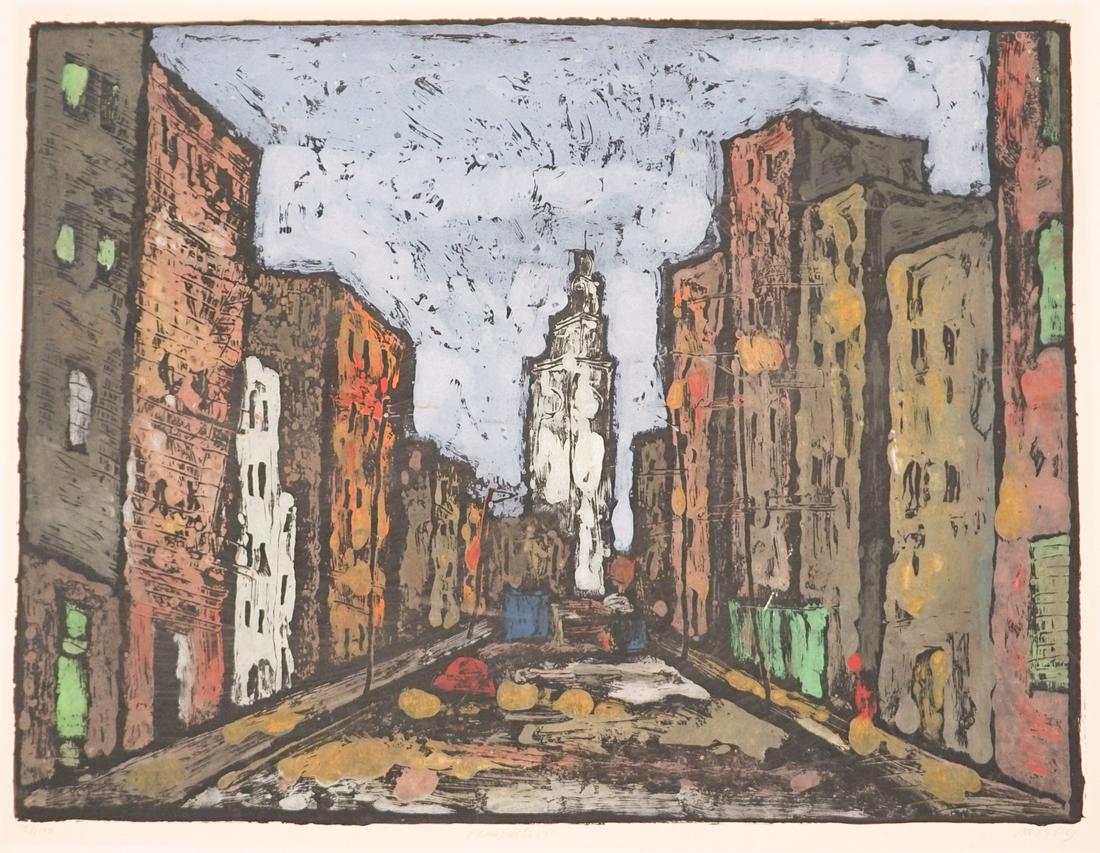 Illegibly Signed Serigraph [Cityscape]: Illegibly signed serigraph. Signed by artist in pencil lower right. Title 'Perspective' in pencil lower center. Number '37/100' in pencil lower left. Stamped 'Karl Mann Associates, 677 Fifth Avenue Ne