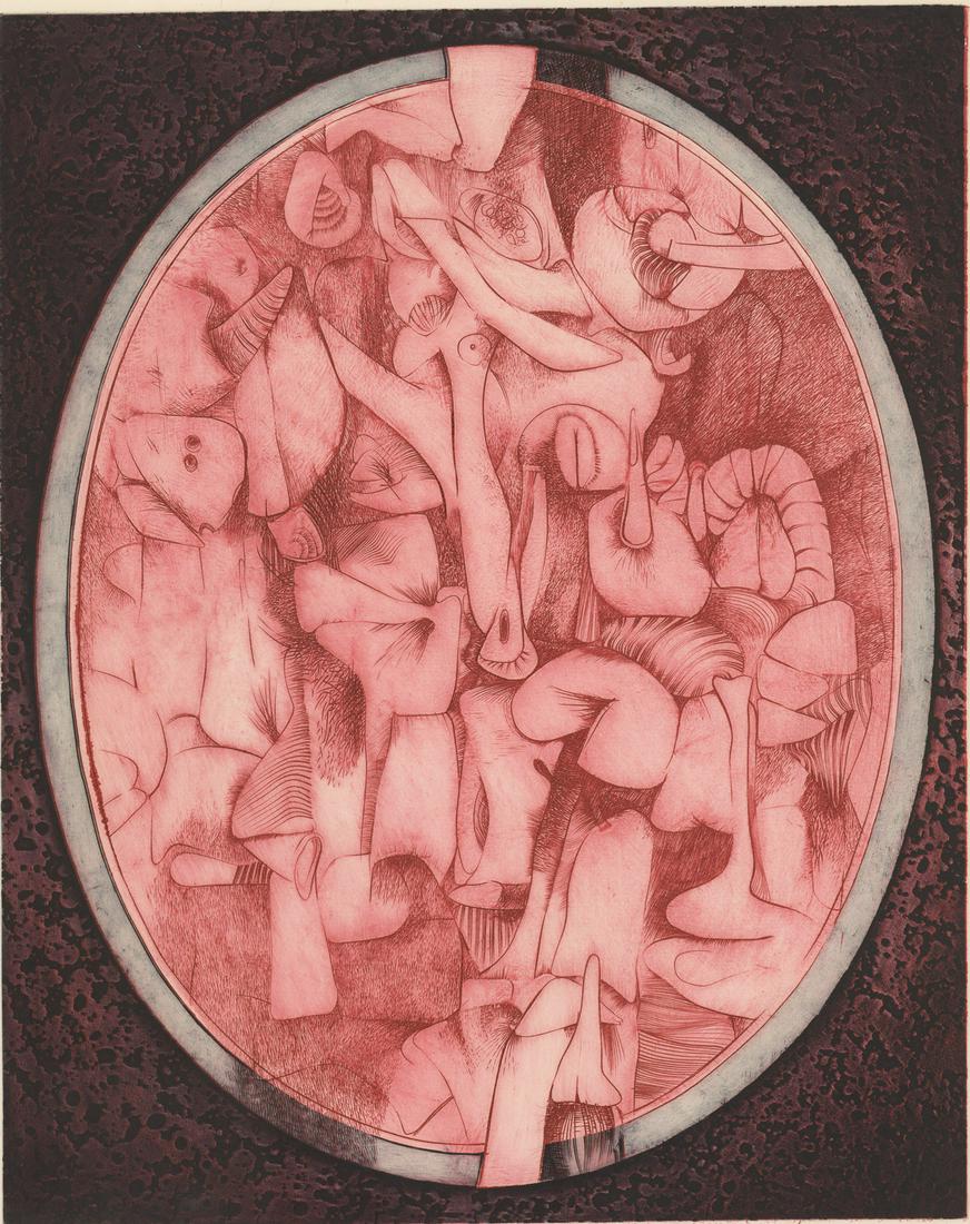 Kenneth Alvin Kerslake Etching [Abstract]: Kenneth Alvin Kerslake (Florida b. 1930) etching. Signed by artist in pencil lower right. Title 'The Witnessed Image II (color)' in pencil lower left. Measures 19.75-in. x 15.75-in. image size, 23.125