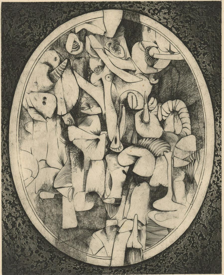 Kenneth Alvin Kerslake Etching [Abstract]: Kenneth Alvin Kerslake (Florida b. 1930) etching. Signed by artist in pencil lower right. Title 'The Witnessed Image' in pencil lower left. 'P.C.' in pencil following title. Measures 19.375-in. x 15.6