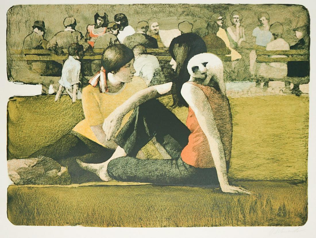 Daniel Schwartz Lithograph [2 Girls in Park, Cat]: Daniel Bennett Schwartz (New York b. 1929) lithograph. Signed by artist in pencil lower right. Numbered '75/300' in pencil lower left. Measures 20.125-in. x 27.5-in. image size, 24.375-in. x 31-in. sh