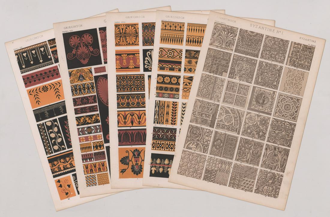 Owen Jones Grammar of Ornament [Greek, Byzantine]: Five (5) Owen Jones (British 1809 - 1874) 19th century chromolithographs from Grammar of Ornament, first published in 1856 (exact date of these prints unknown). Includes Greek No. 3 - Greek No. 5, and