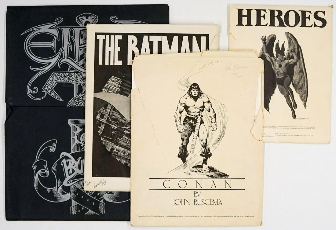 Four Comic Print Portfolios: A group of four comic prints sets. Includes The Batman (4 plates) by Marshall Rogers, signed and numbered 60/1000 in pen lower left, Conan (6 prints) by John Buscema signed and numbered 163/2000 in pe
