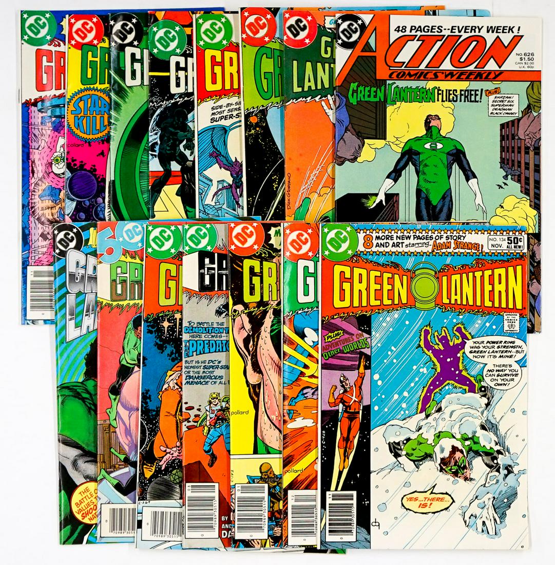 Green Lantern Comics (15): Green Lantern group of comics (14). Includes #121, 123, 134, 142, 154, 155, 157, 158, 159, 160, 179, 162, 194, Green Lantern/Green Arrow No.1 and Actions Comics 626. Condition ranges with many VG/FN t