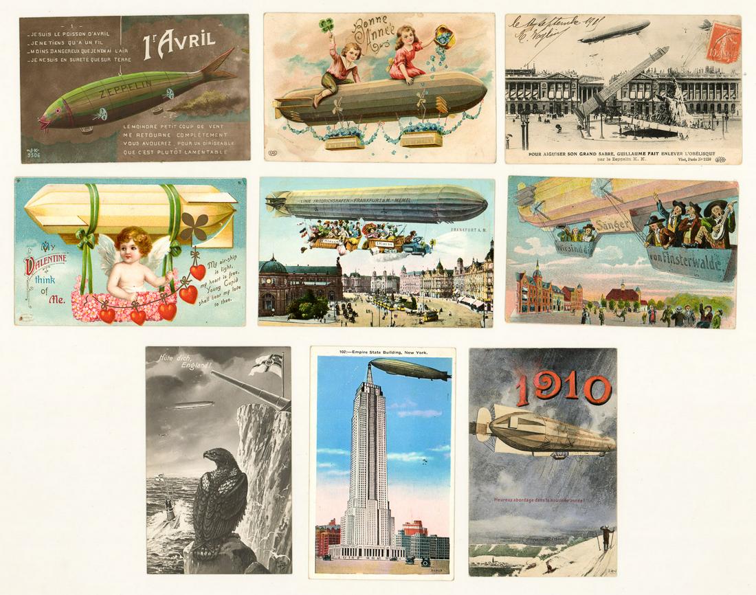 [Airship, Dirigible, Graf Zeppelin] Postcards: A group of dirigible antique postcards (9) [Aviation, Airship, Dirigible, Graf Zeppelin]. Circa early 1900's, VG-EX/EX condition. Condition report is provided as an opinion only and is no guarantee as