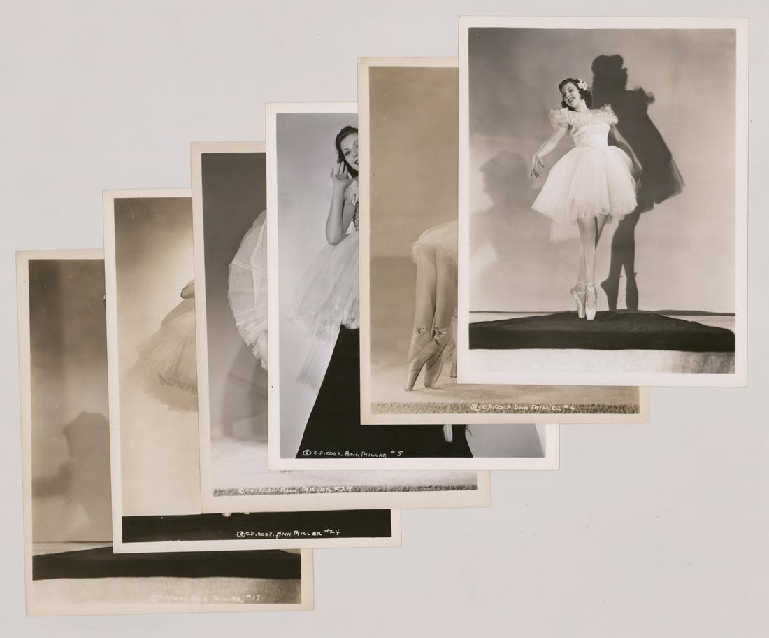 Ann Miller Vintage Publicity Photos (6): Six Ann Miller vintage publicity photos. Glossy, single-weight gelatin silver prints. They measure 10.25 in x 8 in. VG-EX/EX condition. Provenance: recent Mark Rucker collection, previously the Bjurst