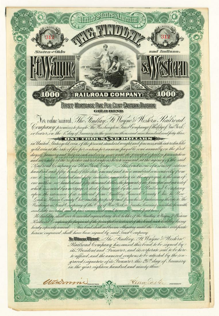 1893 Ft. Wayne and Western Railroad Stock: 1893 Ft. Wayne and Western Railroad Stock. Measures 14.5 in. x 10 in. VG-EX/EX condition. Buyer must view photographs or scans to assist in determining condition and ask further questions if so desire