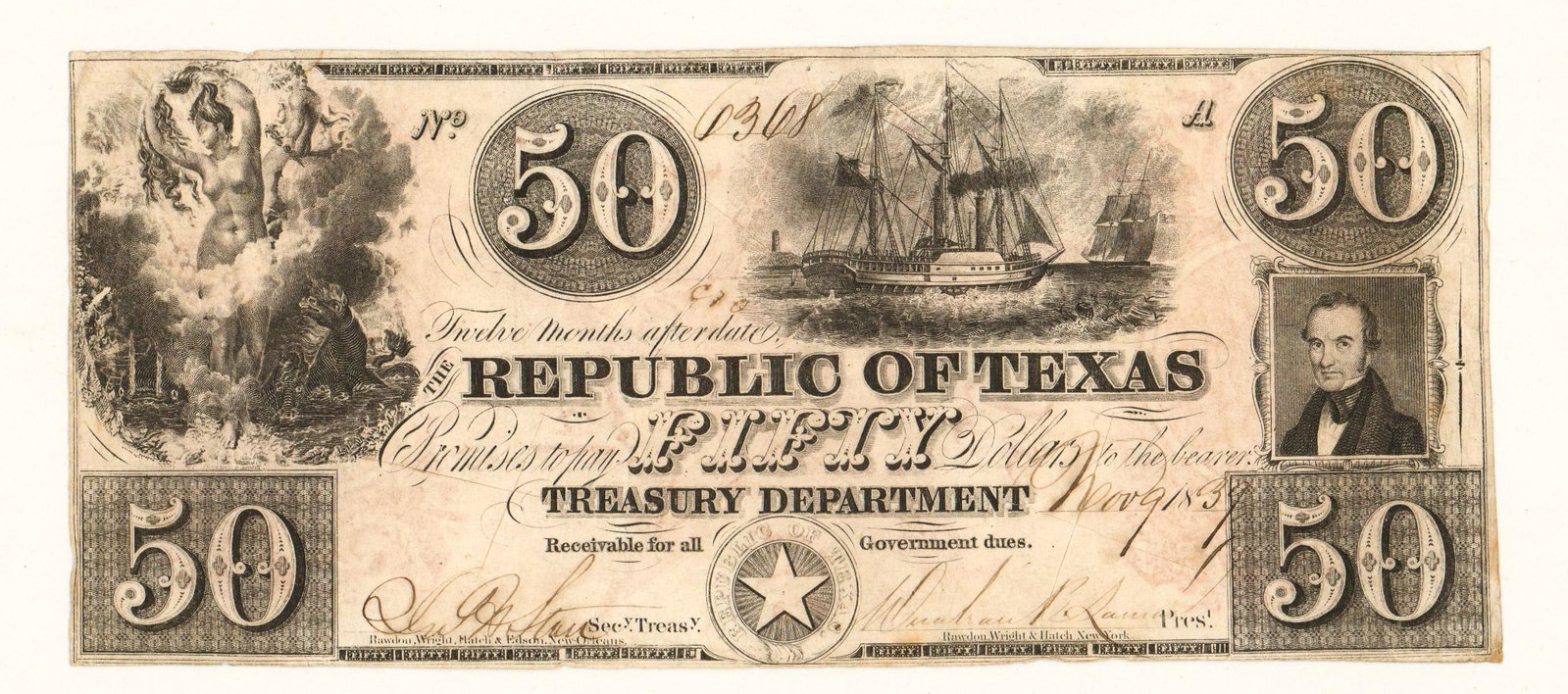 $50 Dollar Government of Texas 1839: $50 dollar Government of Texas 1839. Measures 3.125 in. x 7.25 in. G-VG/VG condition. Buyer must view photographs or scans to assist in determining condition and ask further questions if so desired. W