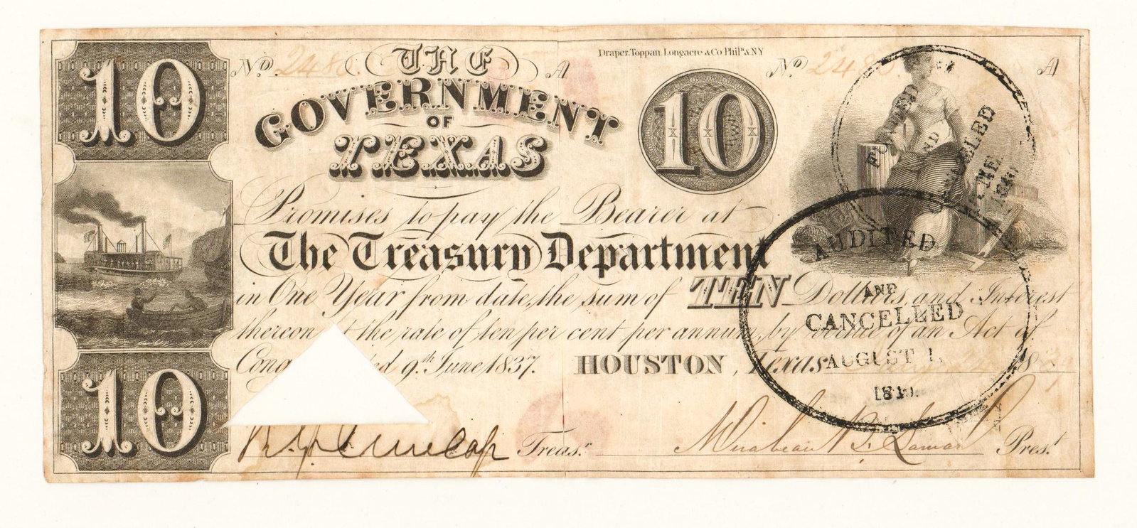$10 Dollar Government of Texas 1839: $10 dollar Government of Texas 1839. Measures 3.125 in. x 7.25 in. F-G/G condition. Buyer must view photographs or scans to assist in determining condition and ask further questions if so desired. We 