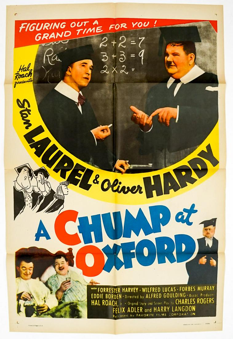 A Chump At Oxford One Sheet Movie Poster: Laurel & Hardy in A Chump At Oxford (Favorite Films Corp) one sheet movie poster. Measures 41 in. x 27 in. Has been stored folded as issued, overall EX/EX+ condition. One small split at center fold li