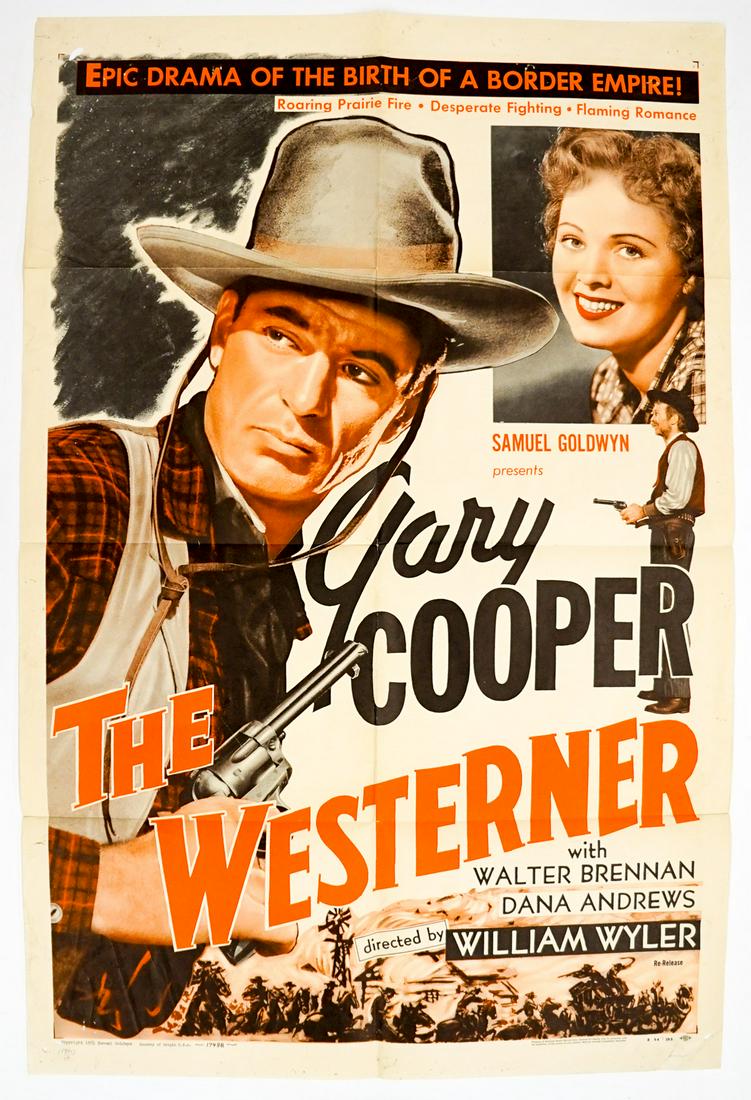 The Westerner One Sheet Movie Poster: Gary Cooper in The Westerner (Samuel Goldwyn, 1954) one sheet movie poster. Measures 41 in. x 27 in. Has been stored folded as issued, overall F-G/G condition. Pinholes at corner and light creases at 