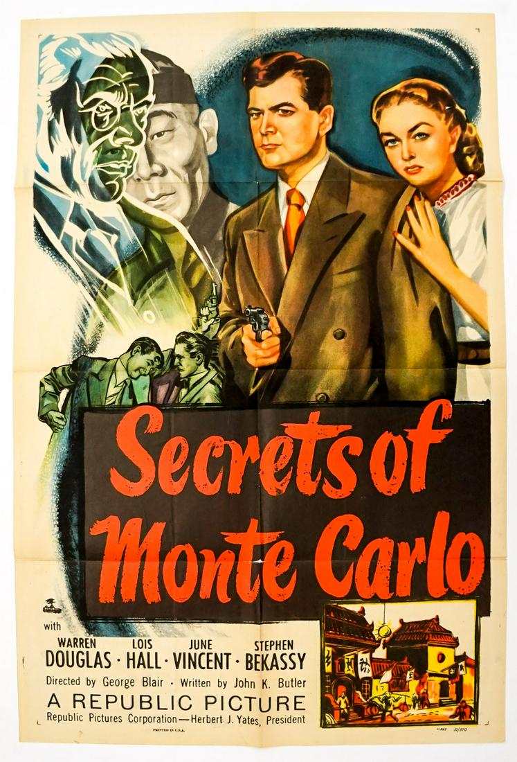Secrets of Monte Carlo One Sheet Movie Poster: Secrets of Monte Carlo (Republic, 1951) one sheet movie poster. Measures 41 in. x 27 in. Has been stored folded as issued, overall VG-EX/EX condition. Very small splits at center fold lines. Provenanc