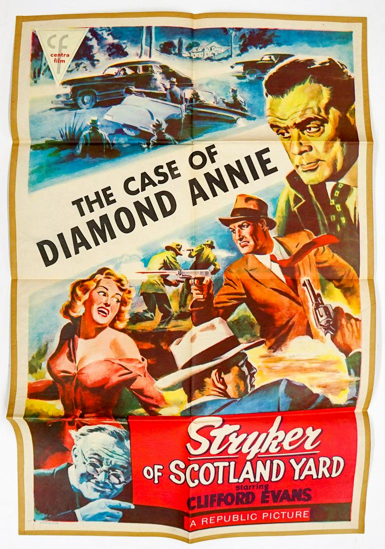Stryker of Scotland Yard One Sheet Movie Poster: Stryker of Scotland Yard The Case of Diamond Annie (Centra, undated) one sheet movie poster. Printed in USA, paper backed with German rubber stamps verso. Measures 41 in. x 27 in. Has been stored fold