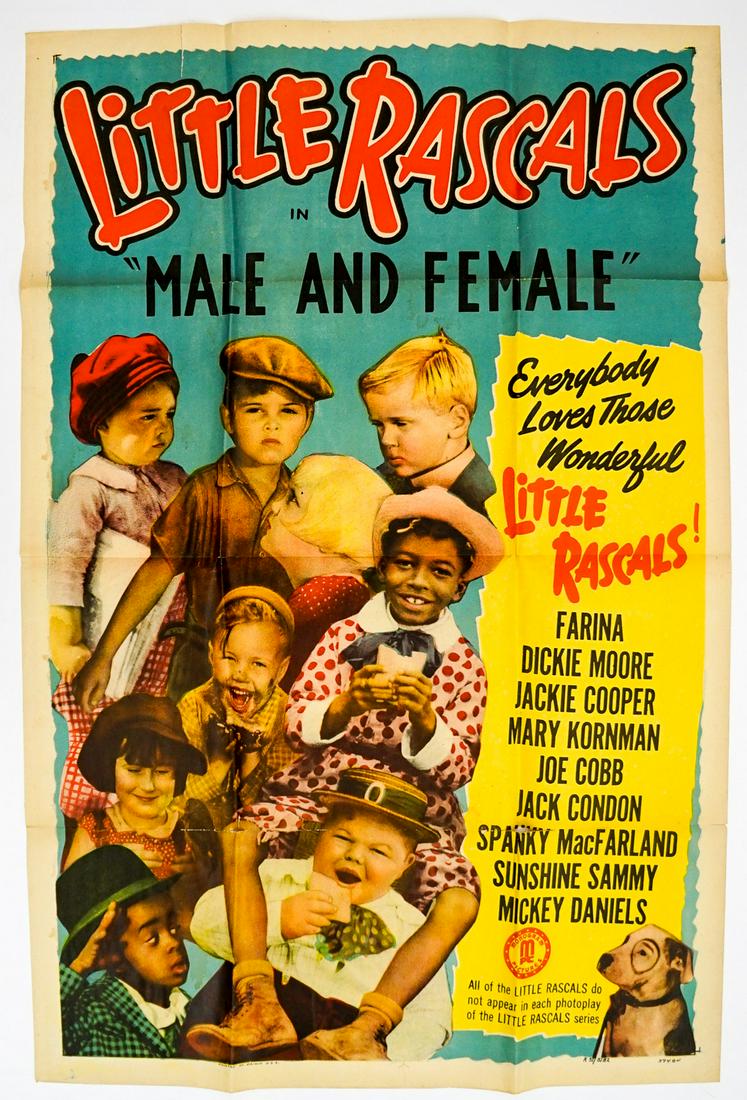 Little Rascals One Sheet Movie Poster: Little Rascals (Monogram 1951) one sheet movie poster. Measures 41 in. x 27 in. Has been stored folded as issued, overall Fair condition. Splits at fold lines and light water stains left side. Provena