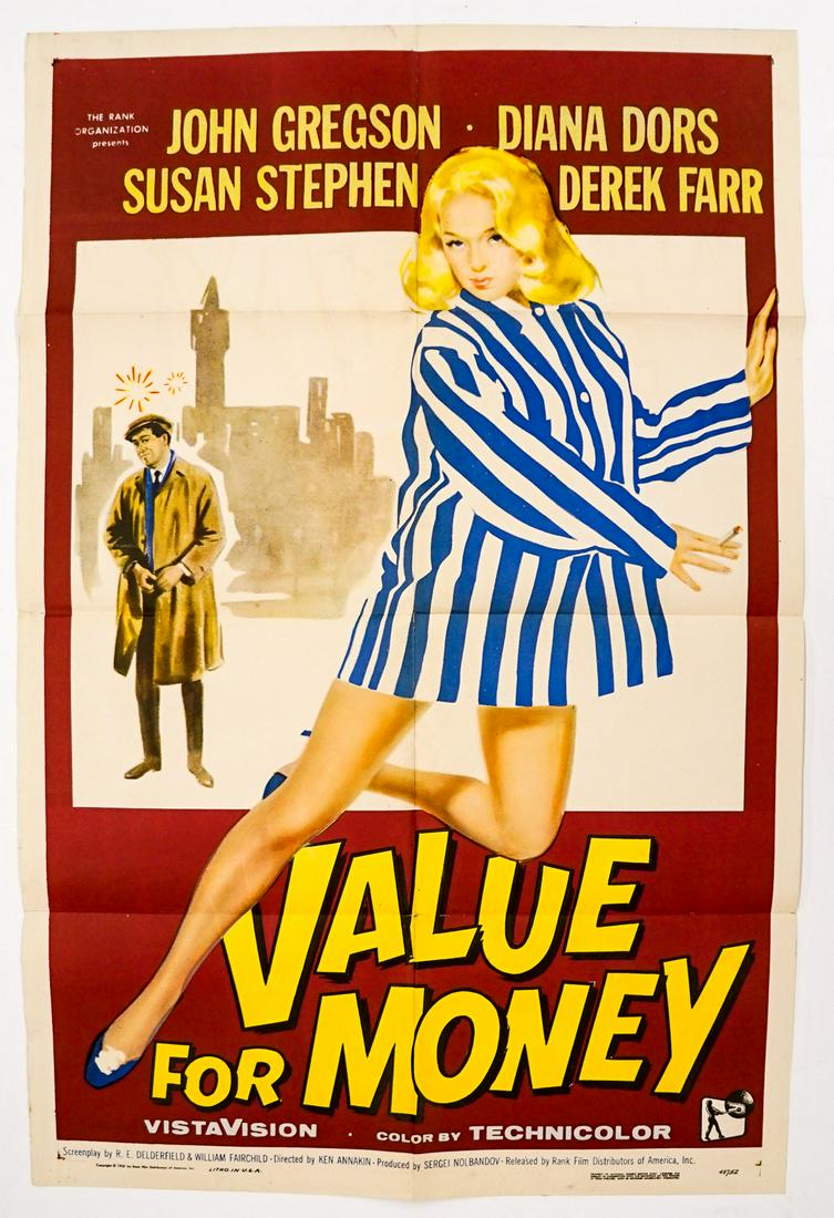 Value For Money One Sheet Poster: Value For Money (Rank, 1957) one sheet movie poster. Measures 41 in. x 27 in. Has been stored folded as issued, overall VG/EX condition. Small split at center fold lines. Provenance: Private Collectio