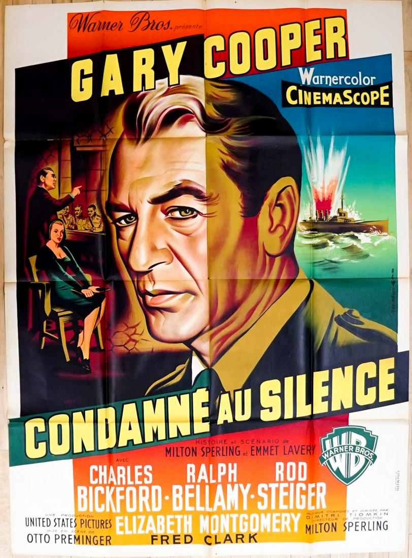 The Court-Martial of Billy Mitchell Movie Poster: Gary Cooper in The Court-Martial of Billy Mitchell - Condamne au Silence (Warner Bros., undated) large French folded one panel grande movie poster. Measures 63 in. x 45.25 in. Has been stored folded a