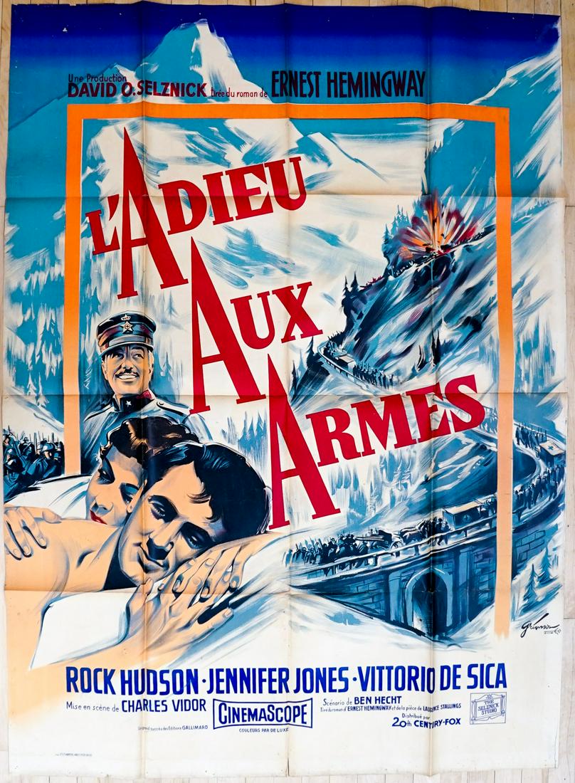 A Farewell To Arms French Movie Poster: Rock Hudson and Jennifer Jones in Ernest Hemingway's A Farewell To Arms - L'Adieu Aux Armes (20th Century Fox, undated) large French folded one panel grande movie poster. Measures 62 in. x 45.5 in. Ha